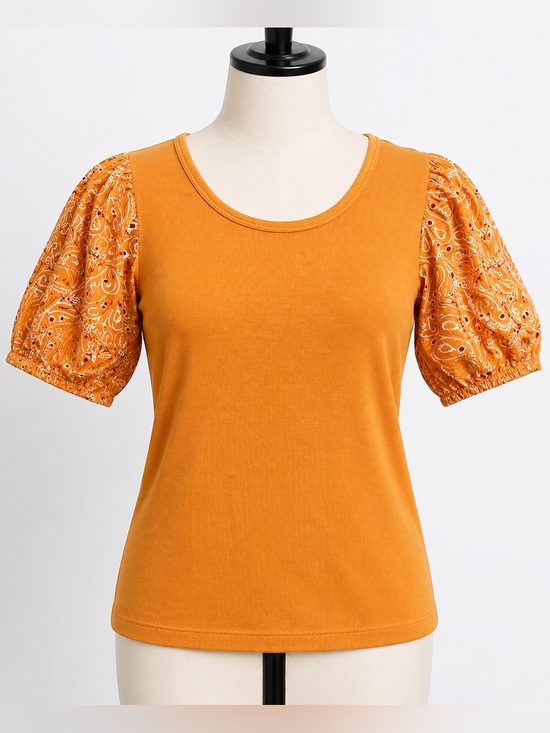 Ann Taylor LOFT Tops - Ann Taylor LOFT Orange, Puffed Sleeves, Bandana Embroidery, Ribbed Top- M